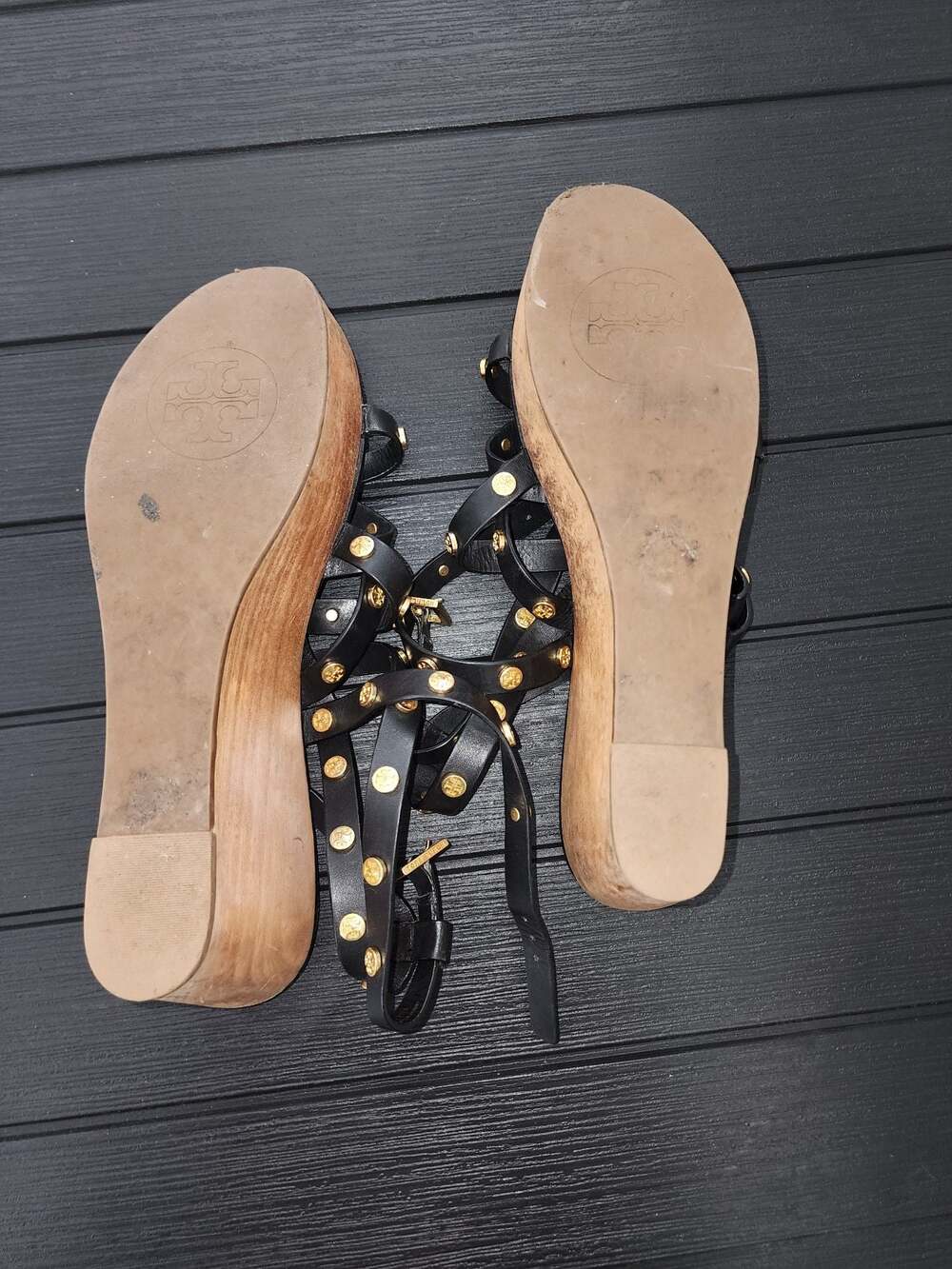 Tory Burch Studded Wood Platform Wedges Black Leather Strappy Sandals - Picture 5 of 8